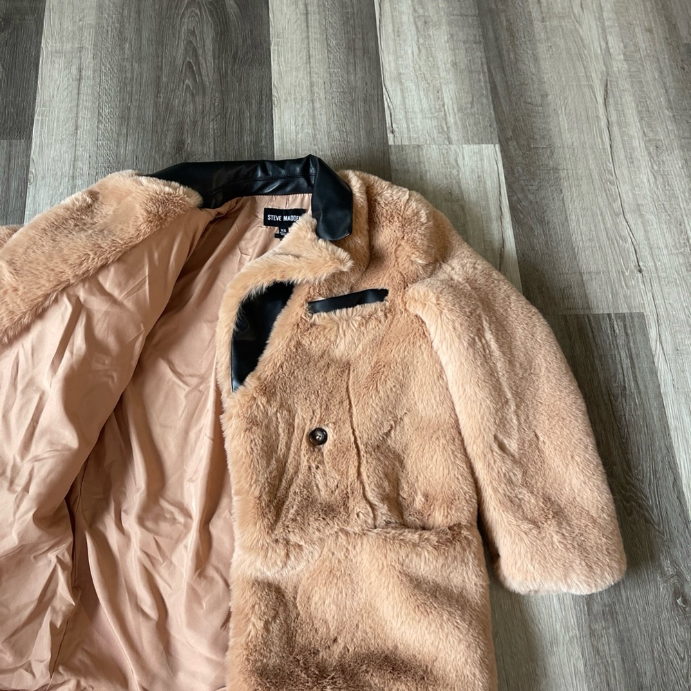 Steve Madden Tan Faux Fur Jacket with Black Trim